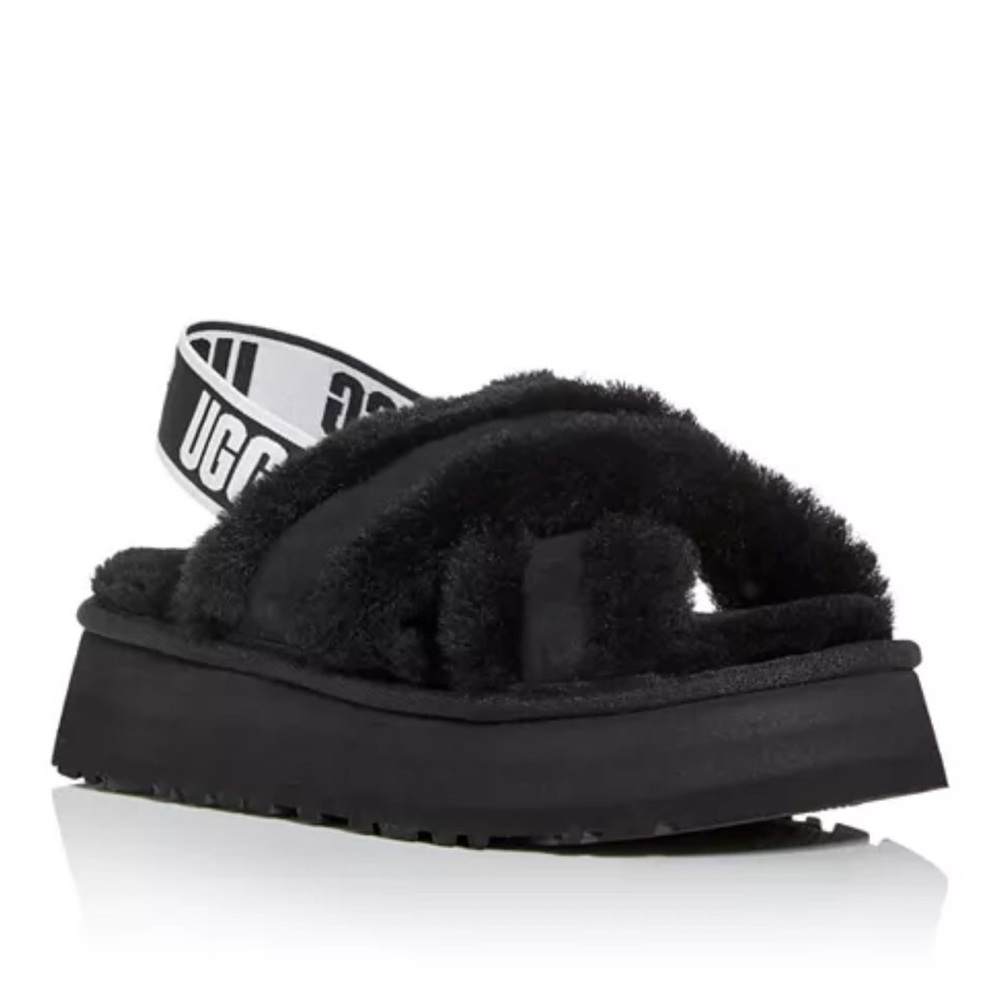 Ugg Women's Disco Shearling Criss Cross Platform Sandals in Black Size 9